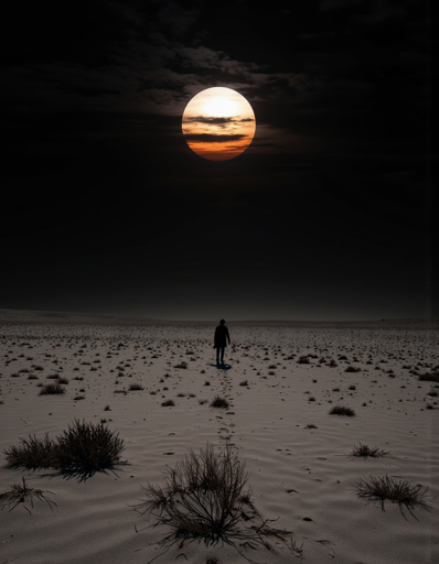 A solitary human figure standing in a vast, barren landscape under a dramatic night sky. The ground is dotted with sparse tufts of vegetation and a faint trail of footprints is visible leading to the lone figure. Dominating the upper portion of the image is a striking full moon that glows with amber hues, partially obscured by thin clouds that stretch across its face against a pitch black sky. 