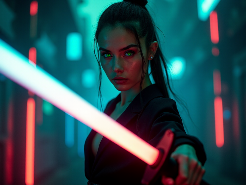 A woman in a dark setting, illuminated by vibrant neon lights in shades of red and blue, creating a visually striking contrast. She is holding a sword with a glowing blade, suggesting a stance of readiness or confrontation. 