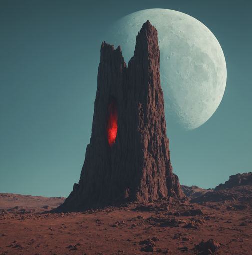 A towering, jagged rock formation in a barren, reddish-brown desert landscape under a clear, teal sky. A bright, glowing red light is emanating from a hole in the rock in contrast to the natural sunlight, casting sharp shadows on the surrounding area. The moon, nearly full, is visible in the background to the right. 