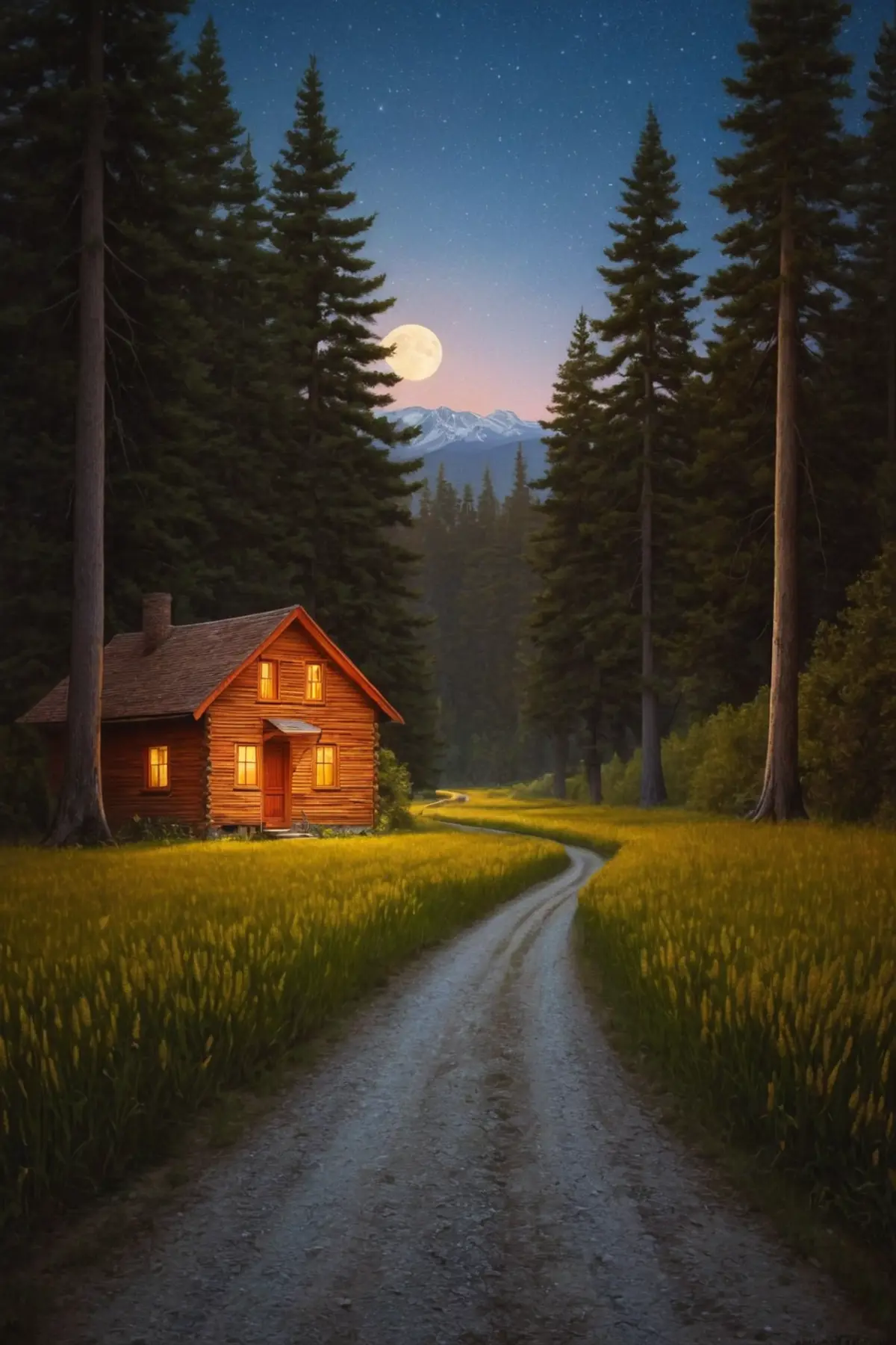 A warmly lit wooden cabin nestled among towering pine trees under a star-speckled full moon sky. A winding dirt path leads to the cabin. 