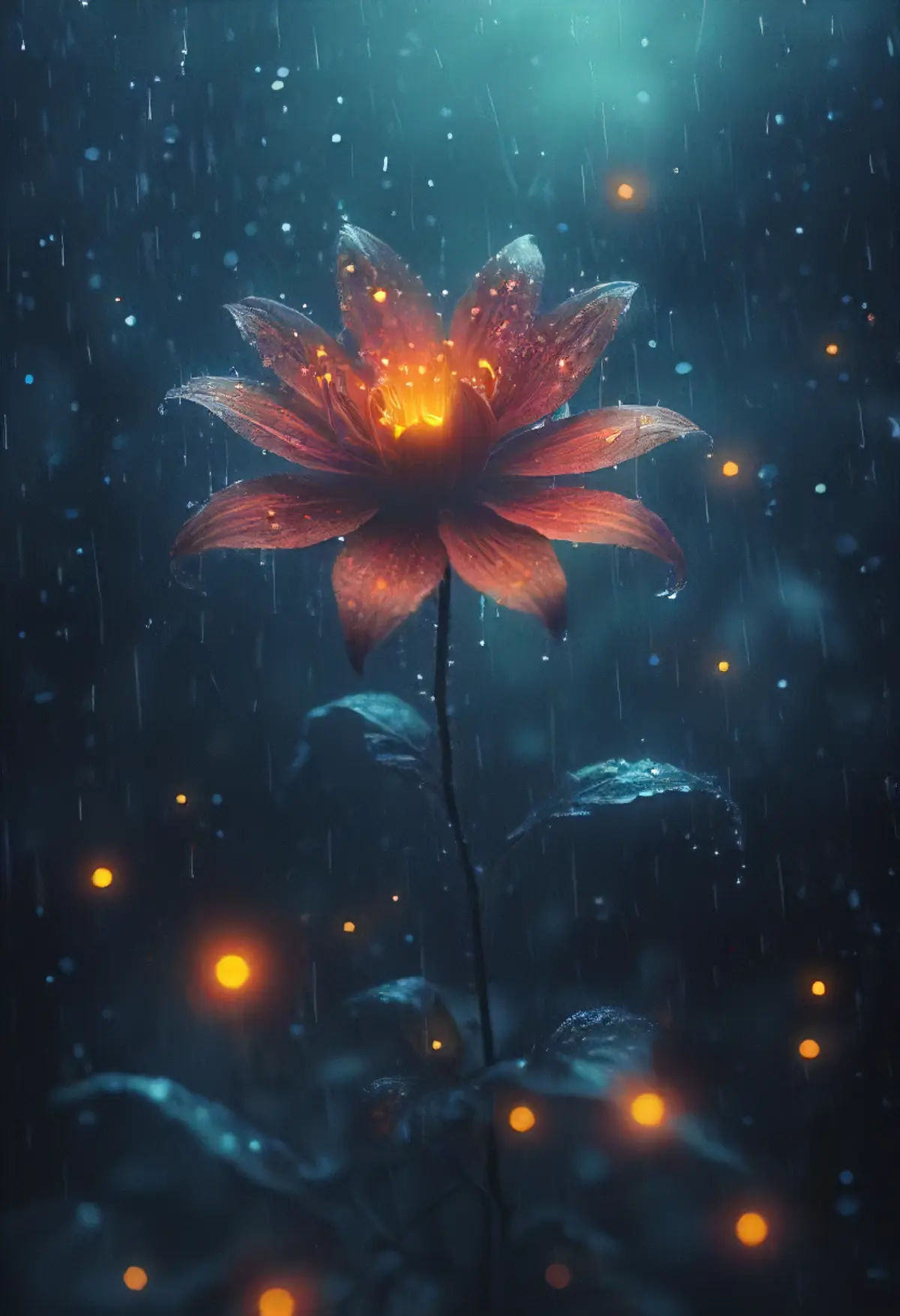 A flower with a glowing center, standing out against an unfocused blue backdrop of heavy rain. The flower’s petals are a rich red, with an orange glowing core, which illuminates the surrounding leaves. 
