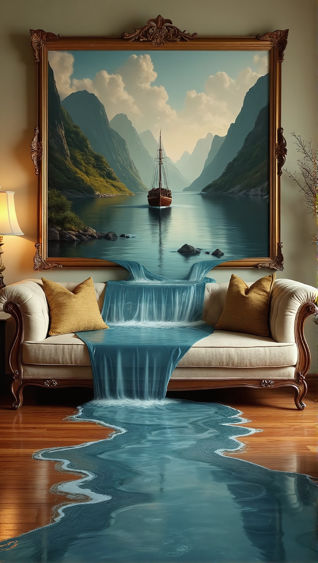 A well-furnished room with beige walls, a large ornate golden framed paining on the wall, and a classic sofa with beige upholstery and wooden frame. The painting is of a river scene with mountains in the background and a wooden ship sailing. Interestingly, the water from the painting is spilling out into the room, creating a waterfall effect from the painting that flows over the couch and onto the floor and spreads across it. 