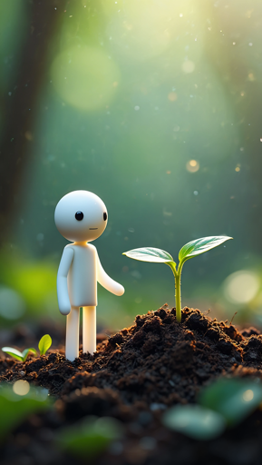 A small white figure with a round head, simple black dot eyes, and a neutral expression standing in rich soil next to a young seedling. It appears to be observing or tending to the delicate sprout, which shows two fresh green leaves unfurling from its slender stem. The background features a dreamy, bokeh effect in shades of green and gold, suggesting filtered sunlight streaming through foliage and floating dust particles or pollen.