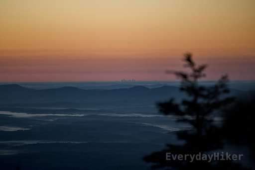 A wide shot of the Charlotte skyline as seen from Hawksbill Mountain at sunrise, with a pine tree in the right of frame.  Fog fills in the lowlands of the foothills in between.
