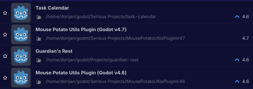 A partial screenshot of the Godot 4.7 dev 5 editor, with projects made in earlier versions having an "up" arrow next to their version.