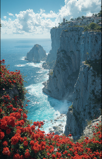 A wide shot capturing dramatic white limestone cliffs plunging into turquoise waters, with dense clusters of red roses filling the foreground. In the background, a clifftop village with white buildings and a tower occupies the upper right portion of the image, perched at the edge of the precipice. A prominent sea stack rises from the water in the distance, surrounded by white foam from breaking waves under white cumulus clouds that populate the blue sky in the upper third of the frame. 
