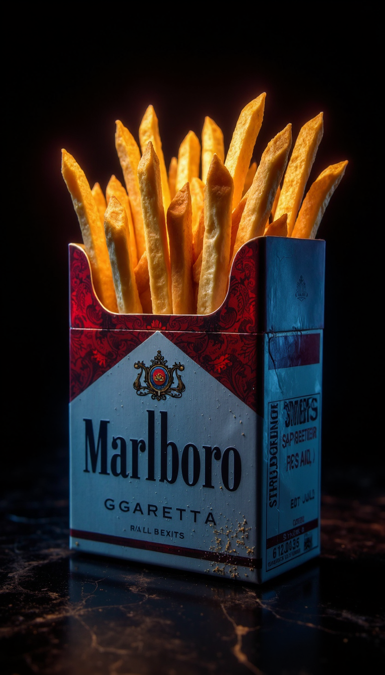 A slightly dirty pack of Marlboro cigarettes sitting on a dark marbled surface that has been repurposed to hold a bunch of golden, crispy French fries. The fries are standing upright and extend out of the top of the pack, mimicking the usual appearance of cigarettes. The background is dark, which highlights the subject through dramatic lighting.