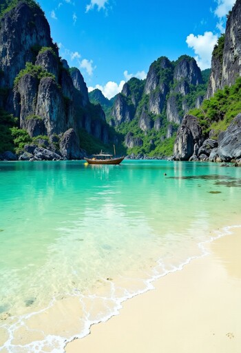 A breathtaking coastal scene featuring a serene turquoise lagoon surrounded by towering cliffs covered in lush greenery. In the center of the lagoon, a wooden boat floats peacefully on the calm, crystal-clear water, with a pristine sandy beach with gentle waves lapping at the shore in the foreground. The sky above is a brilliant blue, dotted with a few white clouds, adding to the overall sense of tranquility.