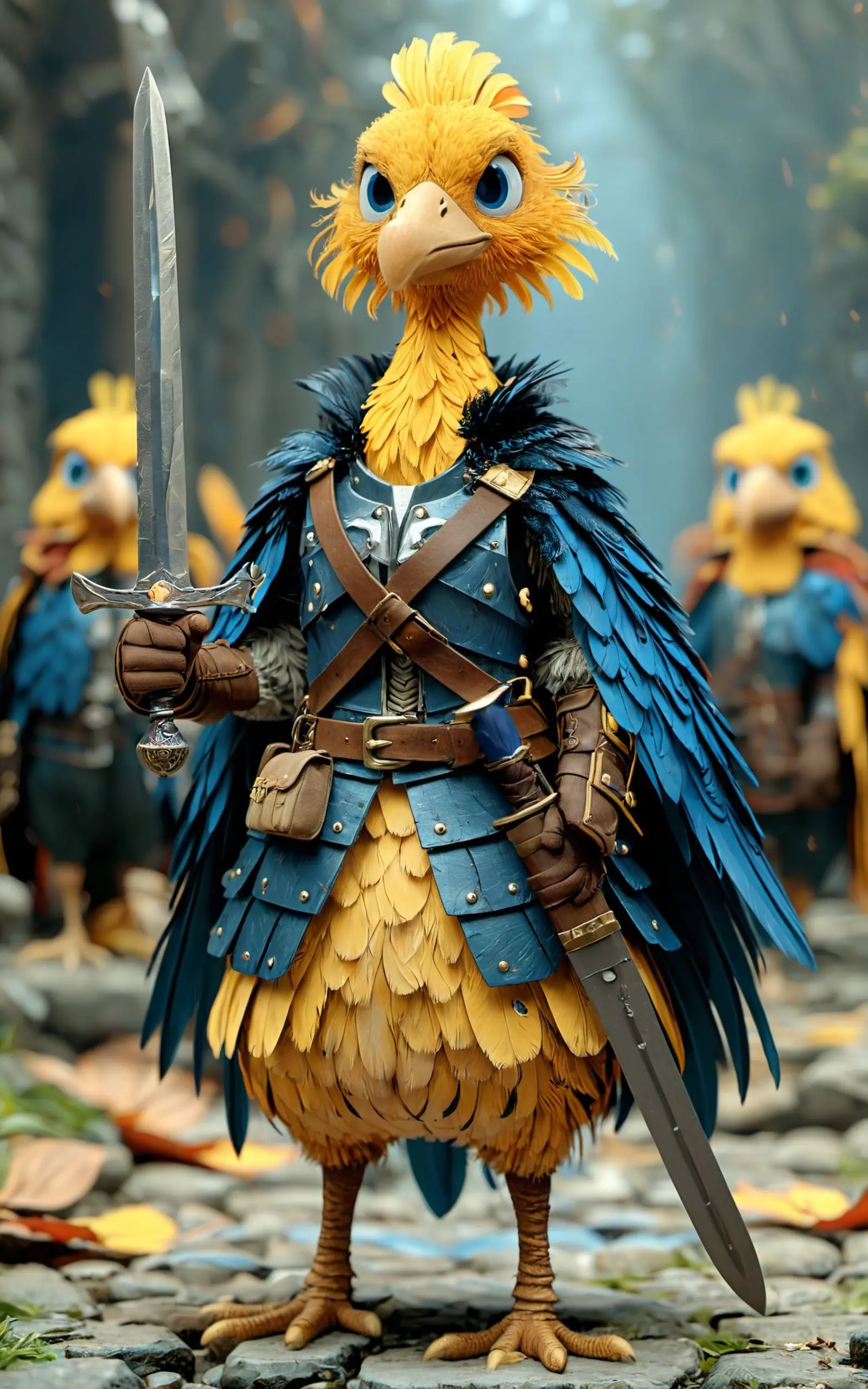 A group of anthropomorphic birds standing in a setting with mist or fog in the background. The bird in the foreground is particularly detailed, with bright yellow and orange feathers on its body, and it is clad in blue armor and feathered cape with leather belts and is holding a sword in its right hand. The birds in the background are similarly attired and armed, suggesting they are part of an organized group or army. 