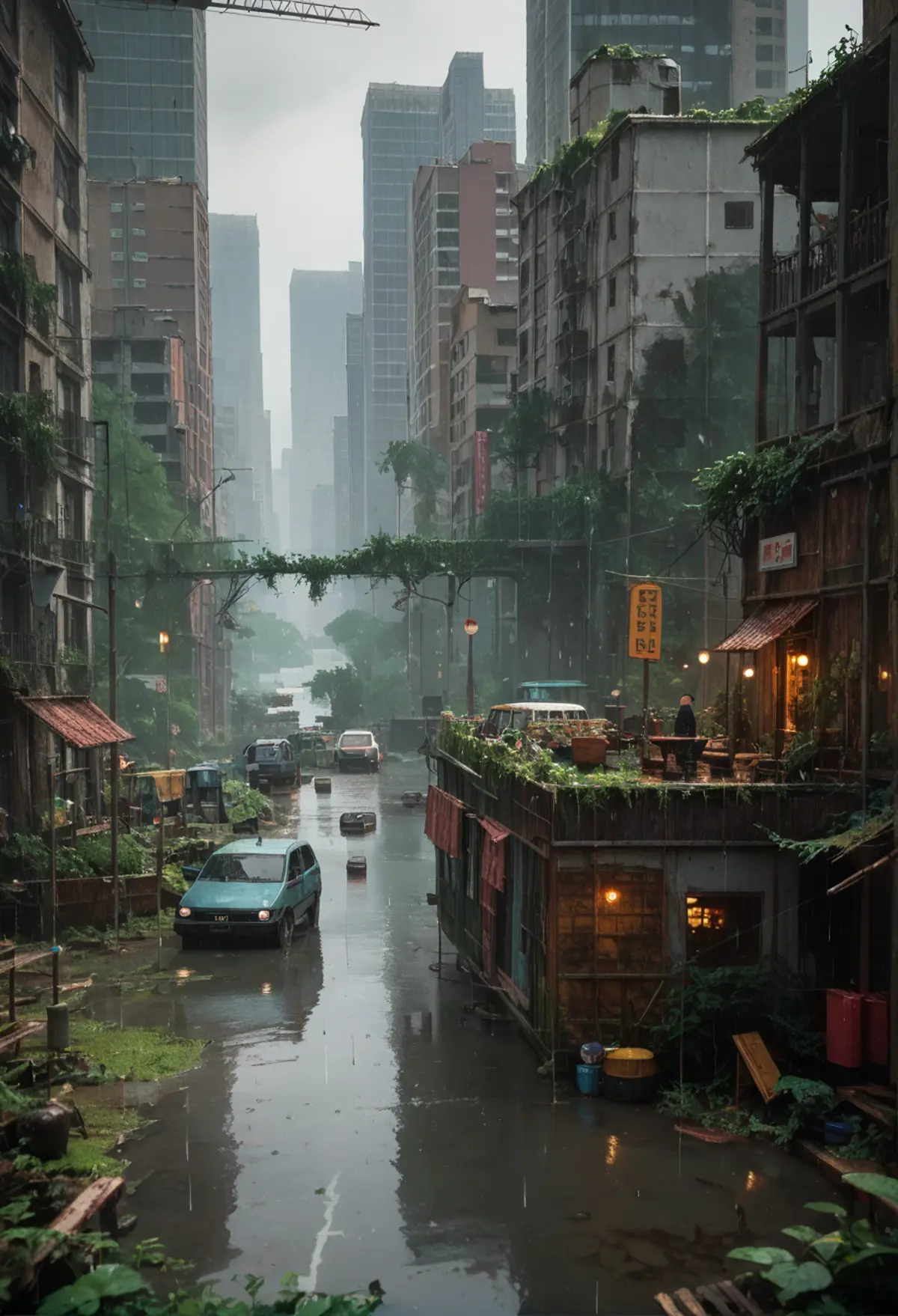 An overgrown, flooded city street, flanked by towering buildings that disappear into the misty sky. The foreground is a striking contrast of urban decay, with verdant plants thriving on the balconies of weathered structures. A car navigates the wet road, its glossy surface mirroring the city. 