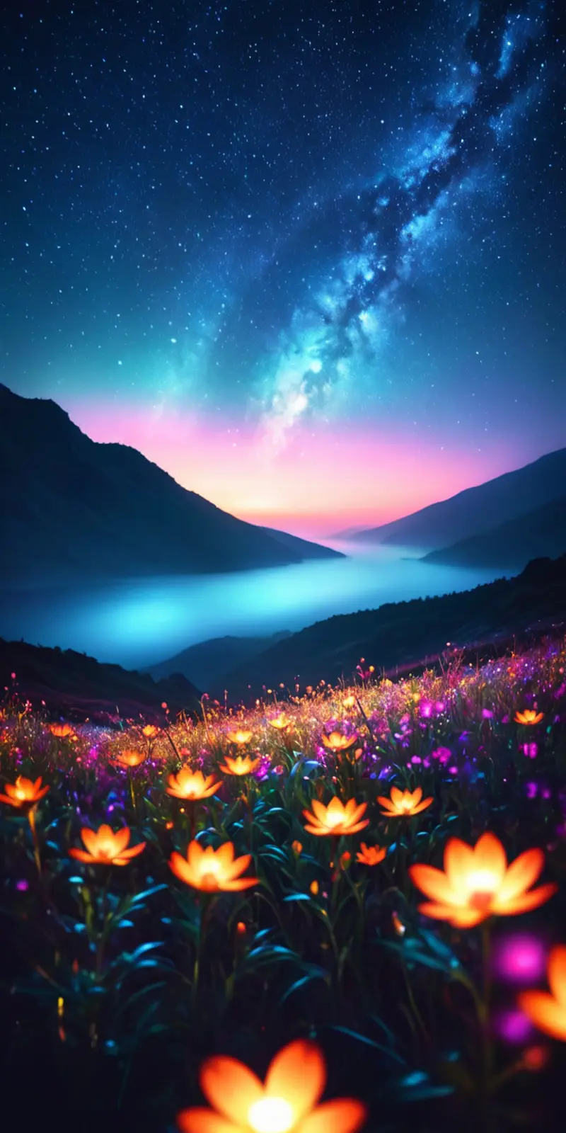 A dazzling night scene where a luminous Milky Way stretches across the sky above a valley filled with misty water. The foreground is dominated by bright orange and purple flowers that glow against the darker shades of foliage. The distant mountains are silhouetted against a gradient of sunset hues transitioning into the starry expanse above.