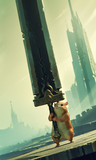 A hamster standing on its hind legs, gripping the hilt of an enormous, intricately designed sword that towers above it. The sword is dark and massive, with detailed engravings and robust, weathered edges. The setting is a futuristic cityscape with tall, modern buildings in the background, bathed in a greenish hue. 