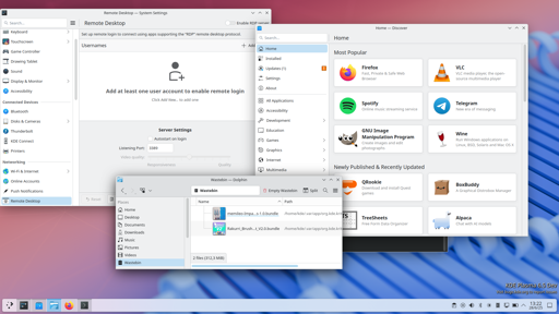 A screenshot of KDE's Plasma 6.4 desktop with several applicatios open, including System Settings (on the RDP configuration page), Discover (showing the most popular downloaded apps) and Dolphin, showing and open folder with several files.
