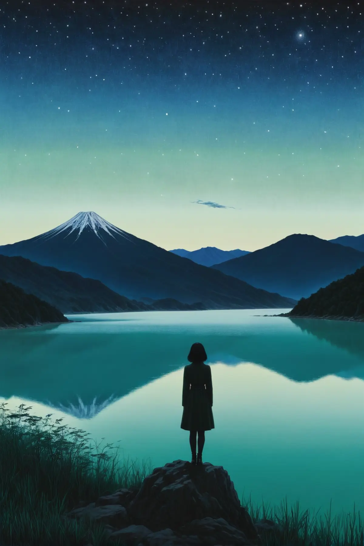 A woman standing on a rocky outcrop overlooking a tranquil lake at the base of a mountain under a starry sky at dawn.