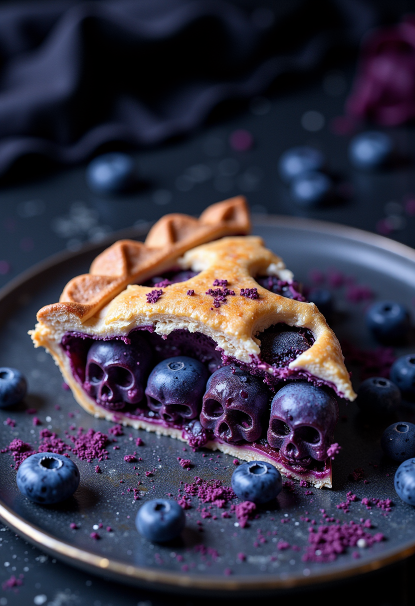 A close-up of a slice of blueberry pie on a dark plate, with whole blueberries and crumbled crust scattered around. The pie has a golden-brown crust, and the filling is visibly packed with blueberries shaped like human skills. 