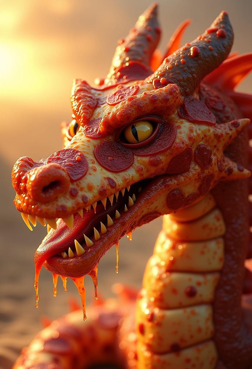 A dragon made of pizza toppings in a warm, sunset setting. The dragon's head dominates the frame. It is made of red pepperoni with bubbly brown-spotted yellow cheese for skin. The dragon's eyes are a yellow with slit pupils, giving it a fierce gaze. Its mouth is open, revealing sharp, yellowish-white teeth and a long, dripping red tongue and lower jaw.