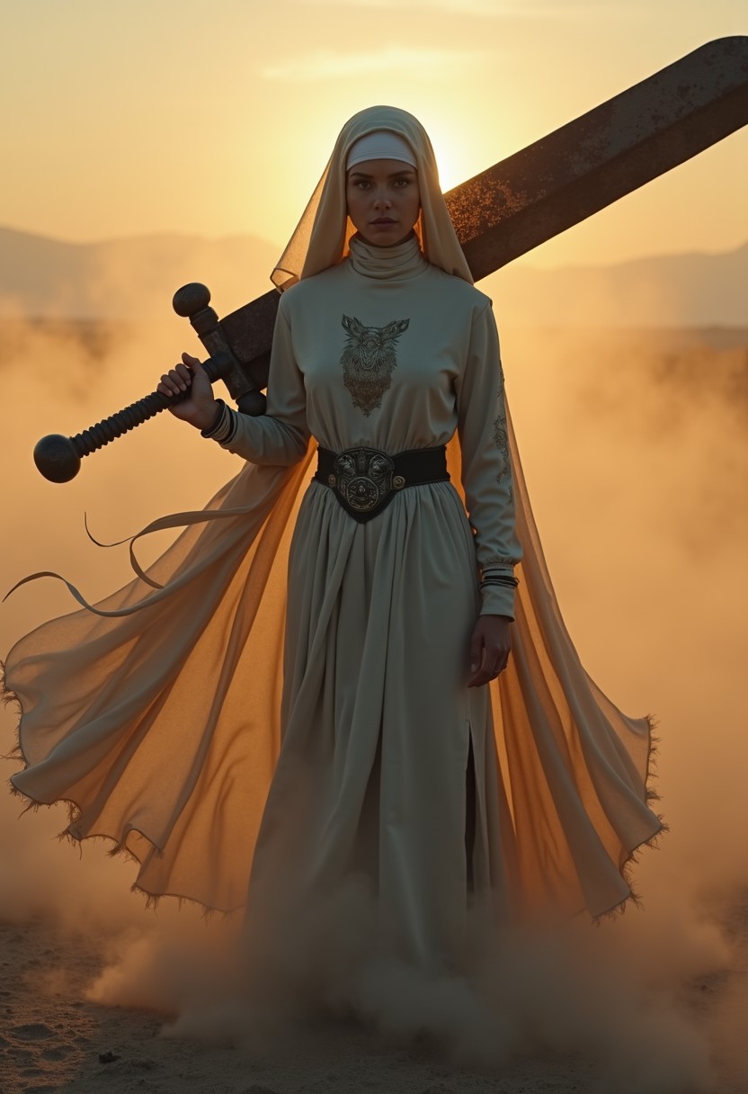 A woman standing in a desert at sunset. She is dressed in a flowing white garment with long sleeves and a full-length dress with designs on the chest and a belt with detailed metalwork around the waist. She is wearing a head covering with a long veil that flares out at the bottom. In her hands she holds a colossal sword with an elaborate hilt design; the blade is positioned over their shoulder pointing upwards and behind and behind her. The background consists of soft-focus rolling dunes and a hazy sky due to dust in the air scattering the sunlight.