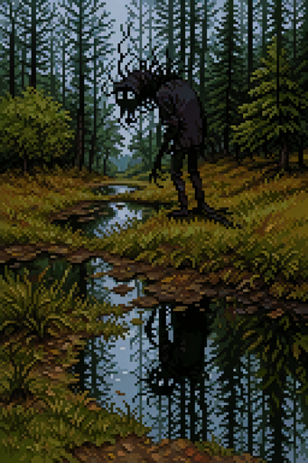 A dark eldritch creature with two white eyes standing next to a narrow creek look back over its shoulder at the viewer. The creature has a dark humanoid body with an elongated neck, black face, clawed hands, and spindly tendrils rising from its neck and back. The creek winds through the forest floor, with the dark water reflecting the pale sky and a distorted reflection of the creature as it flows from foreground through to the background. Muddy banks in golden-brown tones and olive-green vegetation frame both sides of the meandering waterway, with tall coniferous tree trunks rising in the background.